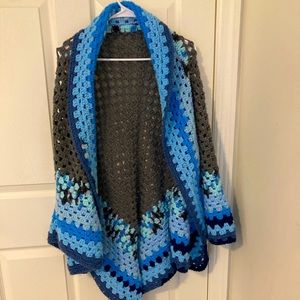 Hand crocheted shawl multicolor blues